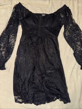 Corsair Black Lace Off-Shoulder Dress with Sheer Sleeves
